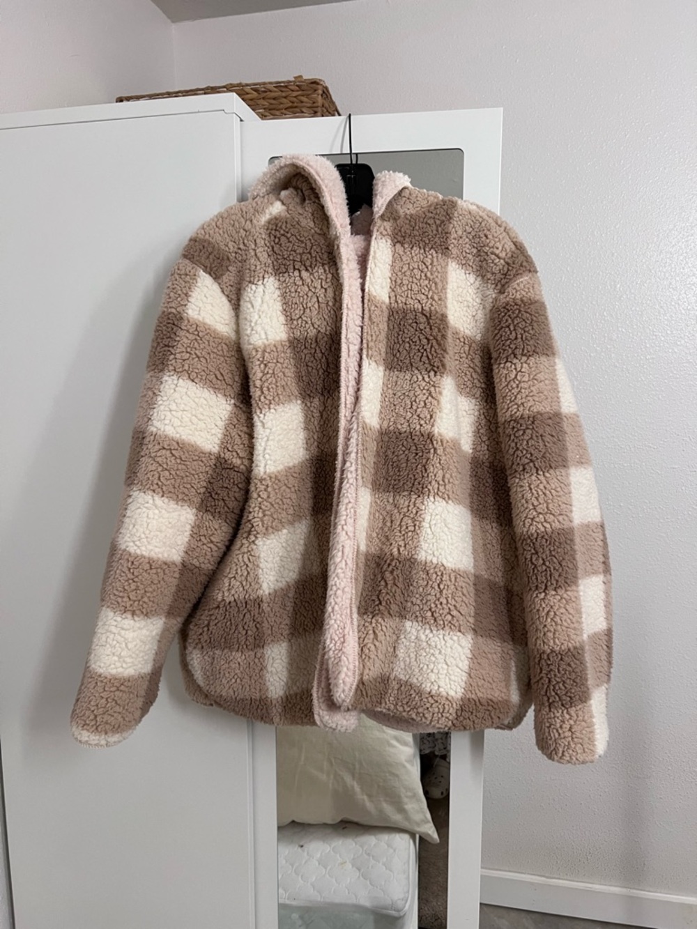 Women's Plush Teddy Jacket in Brown & Cream Check with Hood